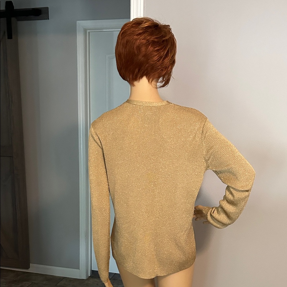 Lauren Ralph Lauren Vintage  Gold Metallic V-Neck Button-Up Women's Sweater - Picture 5 of 8